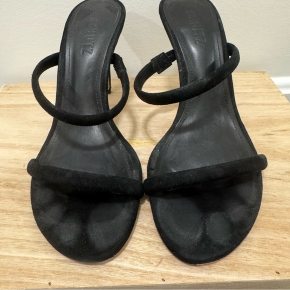 Schutz Black Taliah Slip On Double Strap Velvet Leather Heels 8 - Picture 6 of 7